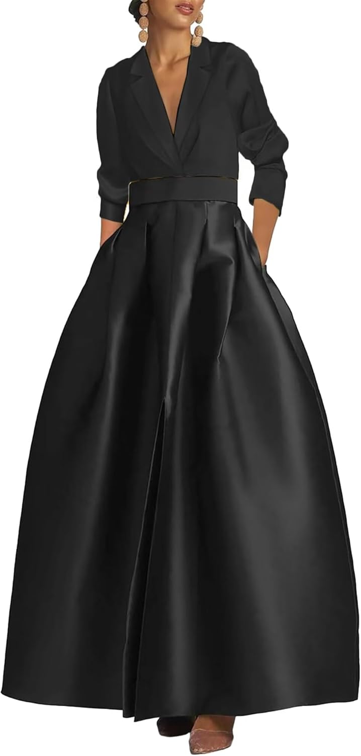 Satin Long Sleeve Prom Dress with Pockets Formal Evening Party Gowns Black Skirt Gown XMD5
