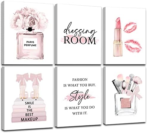 WALTSOM FRAMED Pink Makeup Room Canvas Wall Art, Fashion Woman Picture Wall Decor Paintings, Watercolor Perfume High Heels Lipstick Beauty Room Decor Pictures Arts for Girls Women Room Decor(Ready to Hang, Set of 6, 8x10 in, Framed)