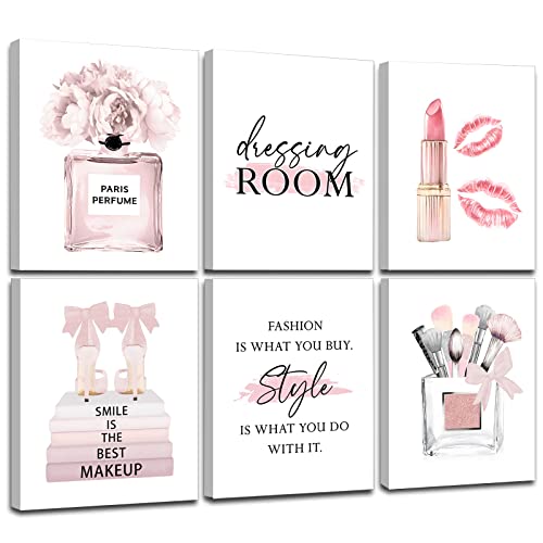 Waltsom Framed Pink Makeup Room Canvas Wall Art, Fashion Woman Picture Wall Decor Paintings, Watercolor Perfume High Heels Lipstick Beauty Room Decor Pictures Arts For Girls Women Room Decor(Ready To Hang, Set Of 6, 8X10 In, Framed) #TOP3