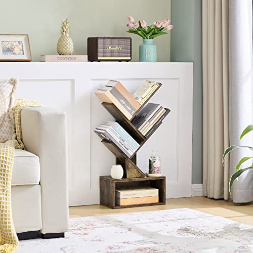 Hoctieon 3 Tier Tree Bookshelf, 3 Shelf Bookcase With Drawer, Free Standing Tree Bookcase, Display Floor Standing Shelf For Books, Book Organizer Shelves For Office, Living Room, Rustic Brown #TOP1