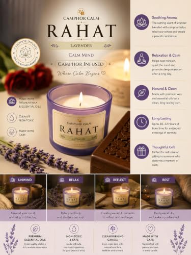 Image of RAHAT | Camphor Infused Soy Wax Scented Candle | Lavender Fragrance | Premium Aromatherapy Candle for Relaxation & Home Decor | Long Burning Cotton Wick
