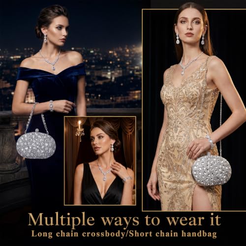 Image of Quelay 4 Pcs Purse Rhinestone Jewelry Set for Wedding Bridal Women Evening Clutch Bag Necklace Dangle Earrings Bracelets