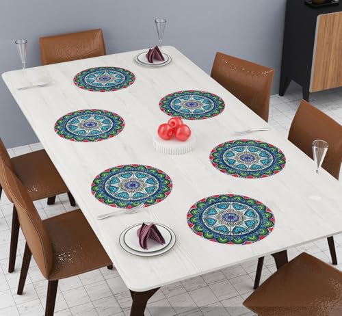 Image of LaVichitra Cotton Table Placemat | Dining Table Mat | Bed Side Table Mat | Cotton Round Shape Placemats | Washable PlaceMat for Shelves & Plant Pots - Pack of 6, Ring of Blue Heart