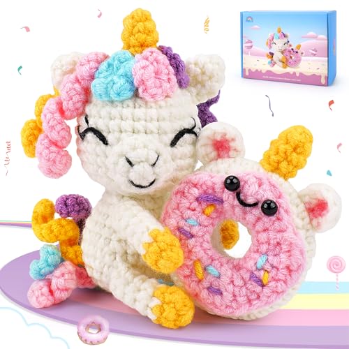Image of Fortuning's JDS Crochet Kit for Beginners - Unicorn Crochets Kit with Step-by-Step Video Tutorials, Beginner Crochet Kit for Adults, Crochet Animal Kit for Kids, Crochet Unicorn Loves Donut Set