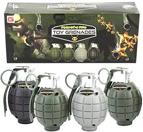 Mighty Gadget 4 Pack of Kids Toys Pretend Play Toy Grenades with Realistic Explosion Sound & Light (Beautiful Gift Box Package - Random Color)