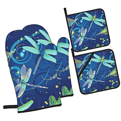 4Pcs Dragonfly Oven Mitts Pot Holders Set Non-Slip Cooking Kitchen Gloves Washable Heat Resistant Oven Gloves For Microwave Bbq Baking Grilling #TOP1
