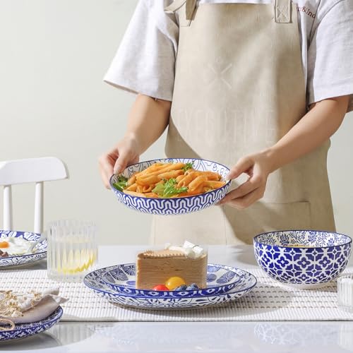 Image of Selamica Ceramic Plates and Bowls Sets,32 Pieces Dinnerware Sets for 8,Scratch Resistant Dish Set for family gathering,Dishwasher & Microwave Safe, Vintage Blue