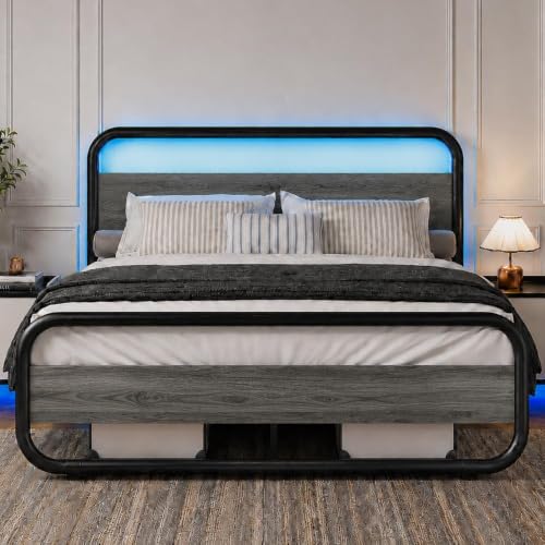 Image of Queen Bed Frame, Metal Platform Queen Bed Frame with Wood Headboard, Grey | RBG LED Lights /Heavy Duty Metal Slats Support /12 in Under-Bed Storage /Noise-Free /No Box Spring Needed /Easy Assembly