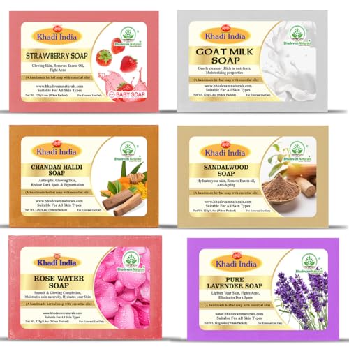 Image of Khadi Organic and Natural Handmade Bathing Soap for Men & Women By Bhudevam Naturals | Assorted Herbal & Chemical-Free Face and Body Soap for Gentle Cleansing & Healthy Skin (Assorted Bathing Soap (Pack of 6))
