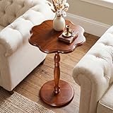 STO'SENSE Round Side Table,Drink Table for Small Spaces,Mid-Century Modern Accent Nightstand w/Solid Wood Leg,Sofa Pedestal Table w/Classic Sculpted Design for Living Room,Tool-Free Assembly,Walnut