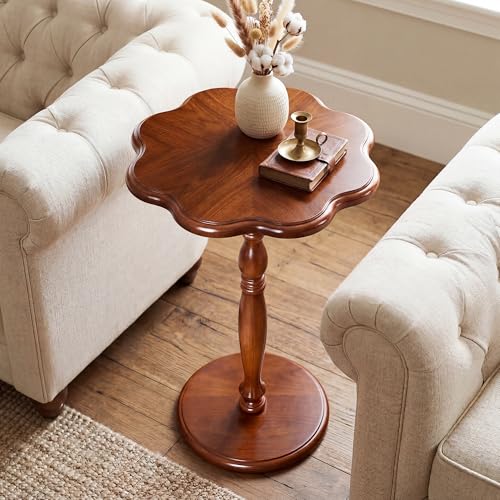 STO'SENSE Round Side Table,Drink Table for Small Spaces,Mid-Century Modern Accent Nightstand w/Solid Wood Leg,Sofa Pedestal Table w/Classic Sculpted Design for Living Room,Tool-Free Assembly,Walnut