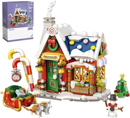 MOCSETS Weihnachtshaus Klemmbausteine Set 788 Teilen Weihnachten Lebkuchenhaus Modell Bauset mit Weihnachtsmann Weihnachtsbaum Weihnachtsschlitten Schneemann