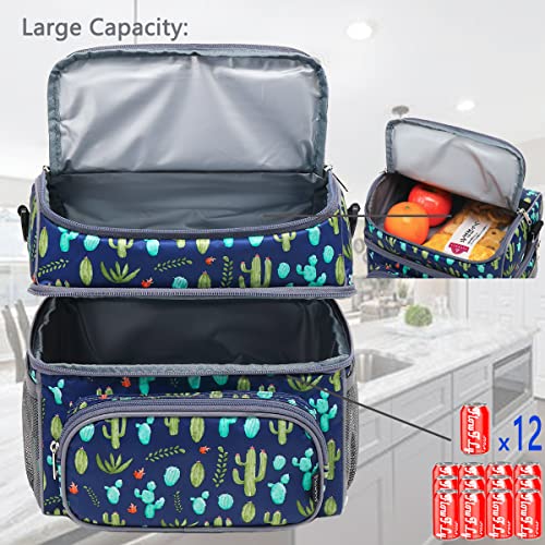 Flowfly Double Layer Cooler Insulated Lunch Bag Adult Lunch Box Large Tote Bag For Men, Women, With Adjustable Strap,Front Pocket And Dual Large Mesh Side Pockets (Cactus) #TOP4