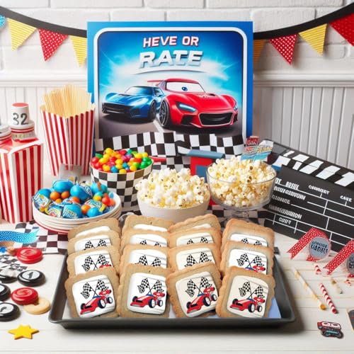 Image of Race Car Themed Cookies Party Favors | Individually Wrapped 24 Pack Bulk | for Kids Birthday Treats | Red Black White Raceway Race Track Black White Checkered Racing Theme