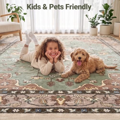 Mapleyard 10x10 Washable Area Rug: Large Square Vintage Distressed Medallion Rugs, Non-Slip Soft Boho Floral Rug Carpet for Living Room Bedroom & Dining Room Under Table, Terracotta Burnt & Green - Image 3