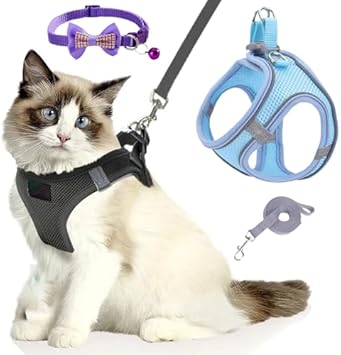 Cat Harness, Upgraded Stimuli Cat Harness for Outdoor, Breathable Soft Adjustable Mesh Vest with Reflective Safety Strips and Leash for Walking Escape Proof Blue-A,XS
