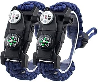 2PCS Adjustable Survival Bracelet, 7 Core Paracord 20 in 1 Emergency Sports Wristband Gear Kit with Waterproof LED SOS Light, Compass, Rescue Whistle, Fire Starter Multi-tool for Wilderness Adventure