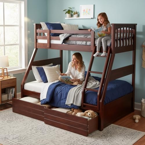 Image of APRODZ Haven Queen Size Solid Wood Bunk Bed with 2 Drawer Storage | Wooden Twin Over Bed with Ladder for Kids' Room Bedroom Living Room Home (Brown)