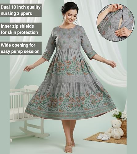 Image of DUMMY SHAPE Feeding Kurtis for Women Cotton Blend | Printed Pregnancy Flare Kurta with Dual Nursing Zippers to Pre & Post Partum | Maternity Dresses | Gifts for Pregnant Woman
