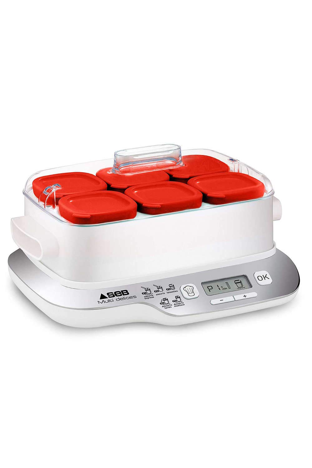 Seb YG660100 Joghurtbereiter, 6 rote Töpfe, Joghurt, 5 automatische Programme, Milchdesserts, weiße Käse und weiche Desserts, 140 ml, 100% BPA-frei, alle Informationen auf Französisch