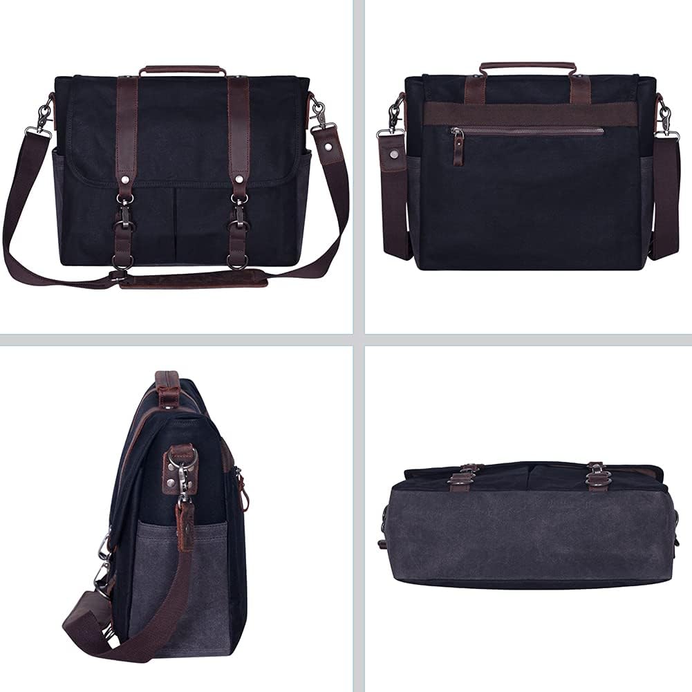 Mens Messenger Bag Waterproof Vintage Genuine Leather Waxed Canvas Briefcase Large Satchel Shoulder Bag Laptop Bag