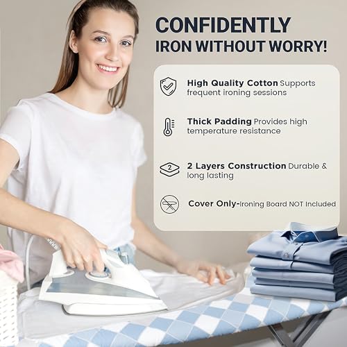 Image of Ironing Board Cover and Pad 15 inchx54 inch Extra Thick Natural Cotton, Scorch and Stain Resistant Padding, Standard Size Iron Board Cover with Fasteners Heavy Duty Elastic Edge, Heatproof Checkered