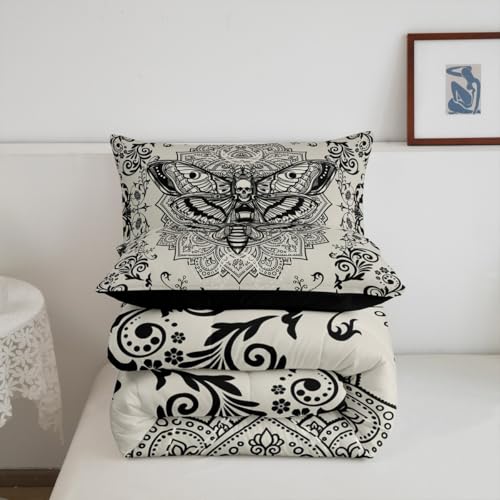 Image of Feelyou Boys Girls Gothic Decor Comforter Set Twin Size, Death Moth Skull Bedding Set Kids Boho Damask Duvet Insert Teens Bedroom Decor Bed Set 2Pcs
