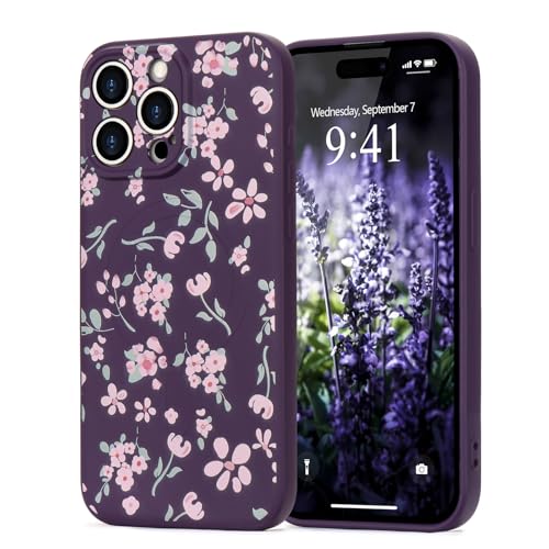 Wirvyuer Coque magnétique pour iPhone 15 Pro Housse avec Motif Floral [Compatible avec MagSafe] Étui Antichoc en Silicone Coque pour Femmes Filles Cute Case pour iPhone 15 Pro Violet Foncé