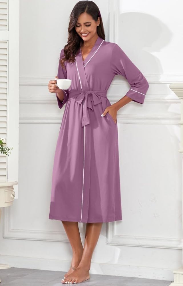 PrinStory Women Dressing Gowns Causal Kimono Robes Long Bathrobe Soft Womens 3/4 Sleeve Ladies Loungewear — view 3