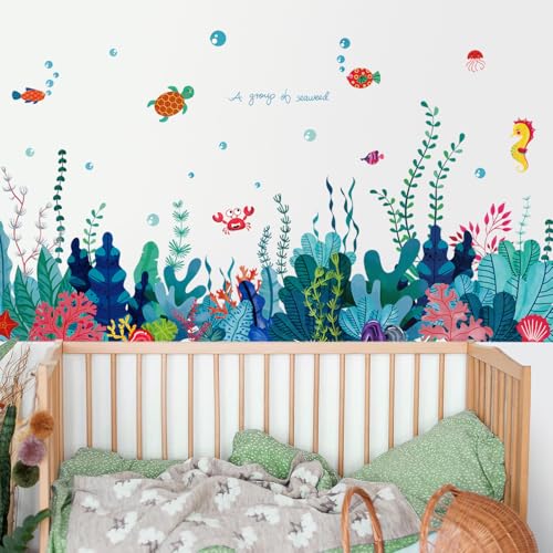 Image of Under The Sea World Seaweed Wall Decals, Removable Ocean Grass Corner Baseboard Stickers, 3D Cartoon Underwater Nature Scenery Wall Art for Nursery Kids Room Bathroom Living Room Corner Wall Decor