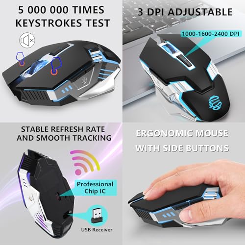 Image of Bluetooth Gaming Mouse, RGB Rechargeable USB Wireless Mouse, Quiet Click, LED Backlit, Ergonomic, with Side Button, 6 Button, DPI Adjustable, Computer Mice for Laptop PC MacBook Chromebook - Black