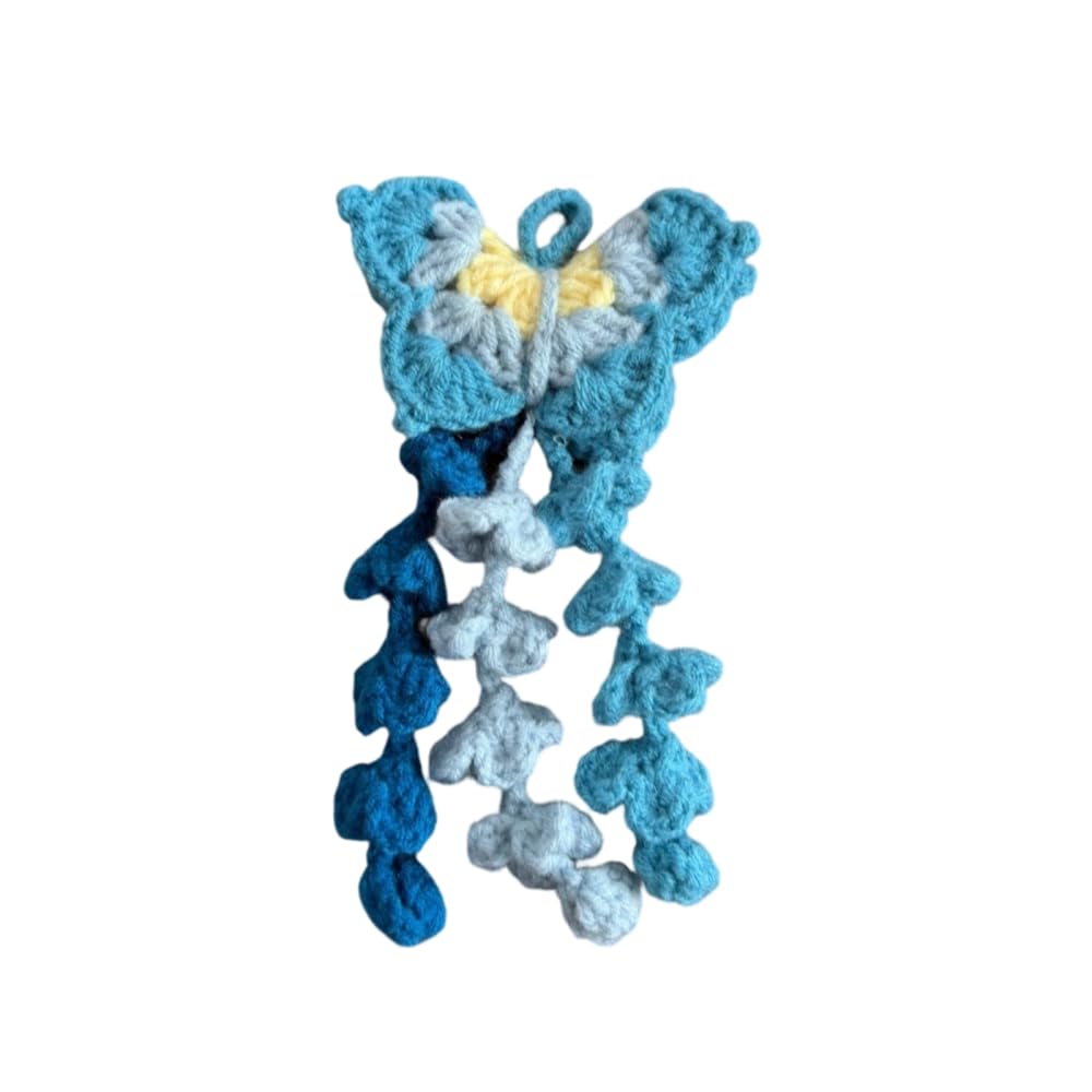 Crochet Butterfly Car Rearview Mirror Ornament, Hanging Knitted Car Interior Decor Woven Keychain Pendant for Cars & Keychains Decor