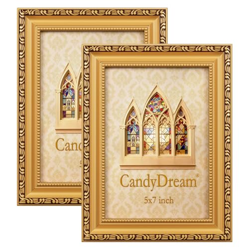 CandyDream 57 Picture Frame Set of 2 - Gold Picture Frames for Wall and Tabletop Display Poster Photo Frames Gallery Wall Frames Ornate Vintage 57 Plastic Frame with HD Plexiglass