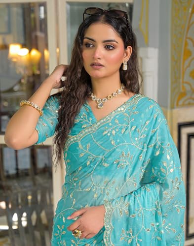 Image of SIRIL Women's Georgette Embroidery Saree With Unstitched Blouse