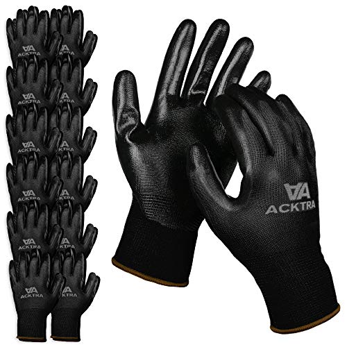 ACKTRA Nitrile Coated Safety WORK GLOVES 12 Pairs, WG003 Black/Black, X-Small