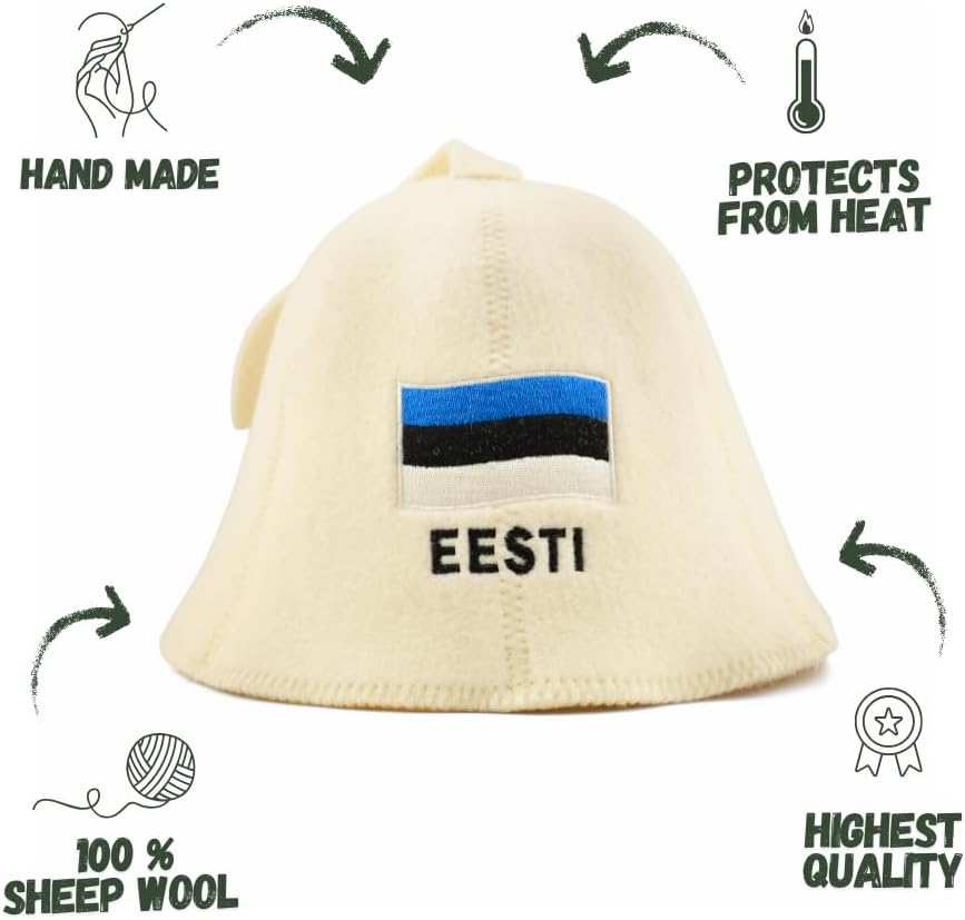 Natural Sauna Hat 'Estonia' White - 100% Organic Wool Felt Sauna Hat for Men and Women for Russian Banya - Protects Head from Heat - eBook Guide Included – Embroidered