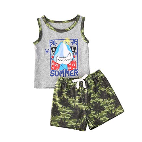 Infant Baby Boy Summer Clothes Sleeveless Dinosaur Shark Tank Top+Print Shorts 2Pcs Casual Clothes Set (Shark, 12-18 Months)