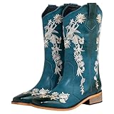 SheSole Women's Floral Rhinestones Square Toe Cowboy Boots Western Country Wedding Cowgirl Boots Wide Calf Blue US 8
