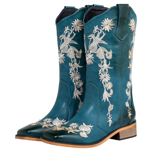 SheSole Women's Floral Rhinestones Square Toe Cowboy Boots Western Country Wedding Cowgirl Boots Wide Calf Blue US 10