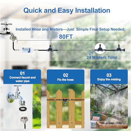 Pre-Assembled Misters for Outside Patio,Outdoor Misting Cooling System w Filter,80FT|24M. Backyard Mist Kit for Garden,Greenhouse,Deck,Umbrella,Canopy,Pool,Porch,Trampoline,ParkBBQ Party Accessories… - Thumbnail 4