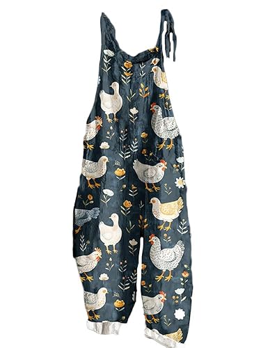 KBBYT Sleeveless Jumpsuits Women 2025 Summer Cotton Linen Printed Overall Beach Rompers with Pockets - J - Small