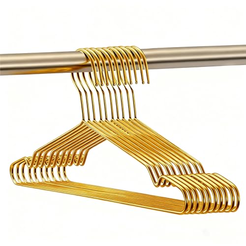 Gold Hangers for Clothes, Ultra Thin Metal Clothes Hangers Heavy Duty Coat Hanger for Dress Skirts Pants Bra Underwears, Space Saving Wire Suit Hangars Closet Organizer Dorm Room Essentials, 10 Pack