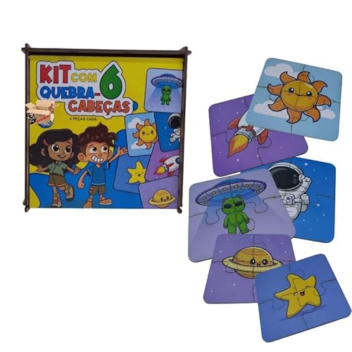Brinquedo Pedagógico Em Madeira Estojo Kit 6 Quebra Cabeças Infantil Com 4 Peças Cada (Estojo Animai