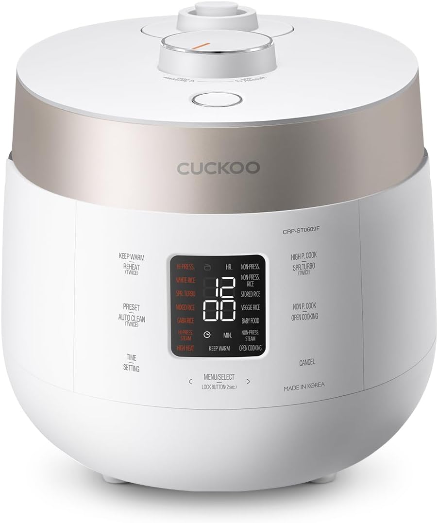 CUCKOO Twin Pressure Rice Cooker 6-Cup Uncooked / 12-Cup Cooked with Nonstick Inner Pot, Versatile Rice Maker & Warmer with 16 Menu Options, Open Cooking Mode, Voice Guide, White (CRP-ST0609FW) 6 Cup White