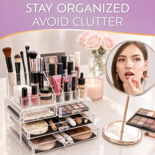 Image of Brookstone Makeup Organizer Countertop, Cosmetic Display Case, Acrylic Makeup Storage for Vanity, Clear Make-up Organizer for Vanity, Accessories Holder with Drawers