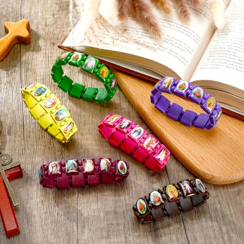 Wood Catholic Bracelets for Women Men Elastic Religious Bracelets with Images Christian Saints Rosary Wristbands Jesus and Rosary Decor for Guest Jesus Baptism First Communion Gift3