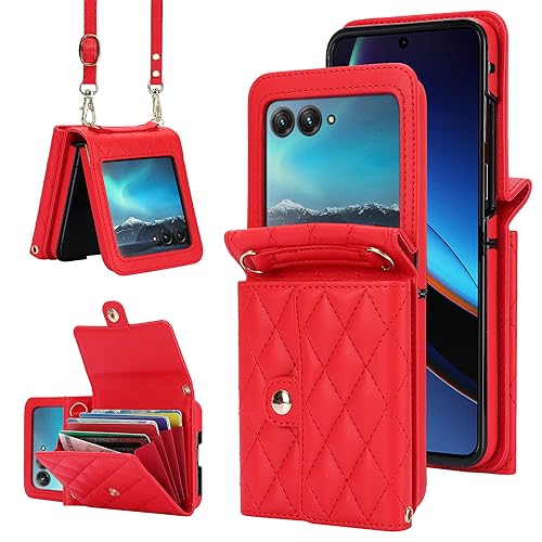 Étui accordéon pour Motorola Razr 50 avec porte-cartes et bandoulière rouge