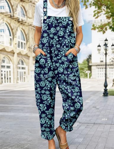 Image of YESNO Women's Overalls Cotton Boho Casual Floral Bib Jumpsuit Baggy Adjustable Strap Romper with Pockets PVV