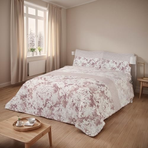 Etrexonline Colcha Bouti Reversible Estampada 100% Microfibra Extra Suave Colcha Cubre Cama Multiusos para Primavera y Verano Incluye 2 Fundas de Cojín, Cama 120/135-230x260cm - Rosa Acuarela