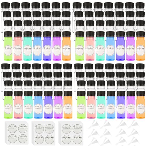 100 Pcs 2oz Clear Plastic Juice Bottles Containers with Lid for Liquids Small Reusable Ginger Shots Bottle Vial Beverage Container Leak Proof Mini Jars for Milk, Water, Ginger, Juice (Black)